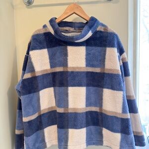 Plush Blue & Cream Plaid Funnel-Neck Women's Sweater